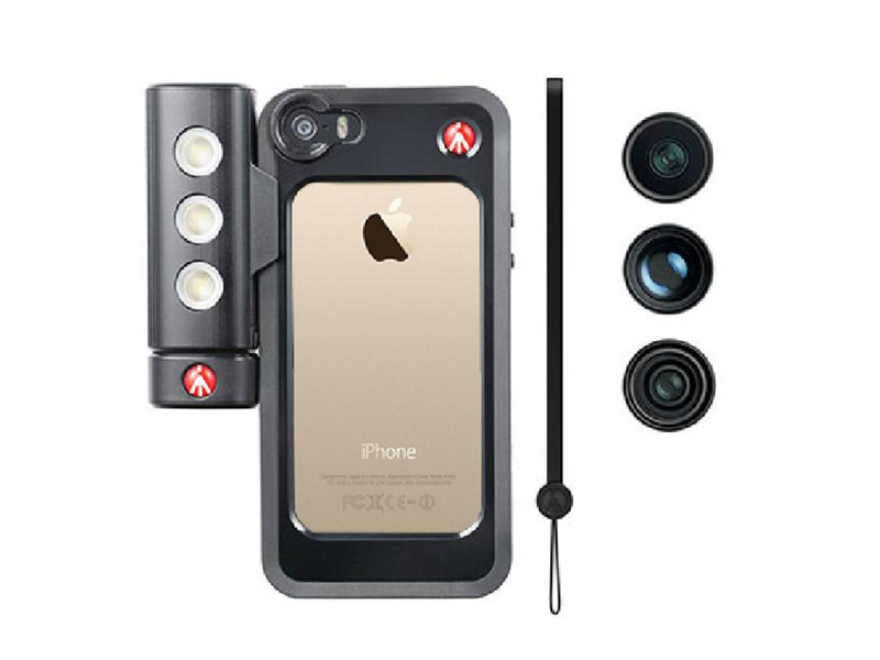 曼富图iphone5/5s专用手机壳+LED灯+广角鱼眼长焦附加镜5件套图片
