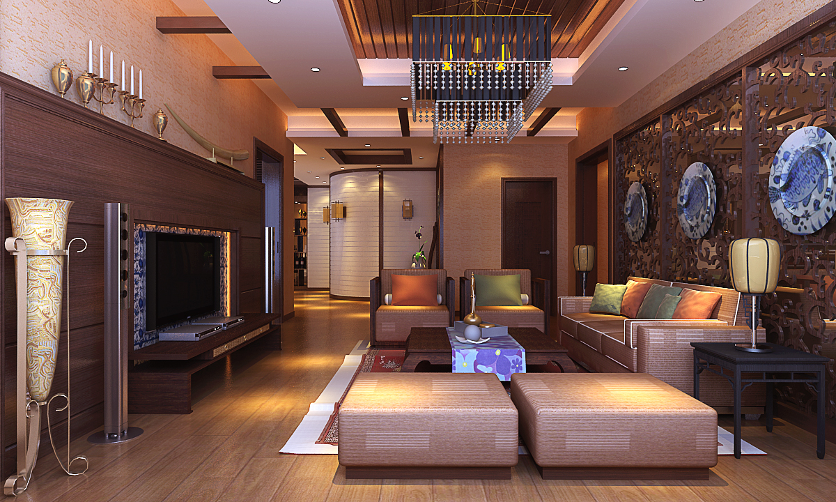 160平方中式乡村风格复式客厅装修效果图
