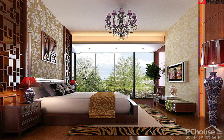 新中式二居室卧室背景墙装修效果图