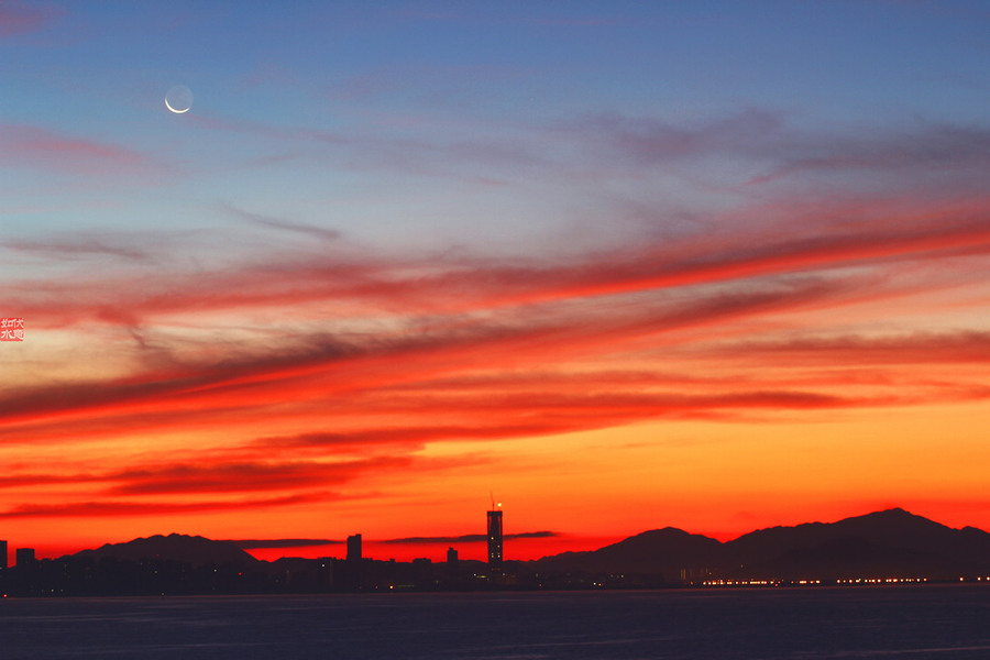 【深圳湾,卯时星和月。摄影图片】风光旅游摄