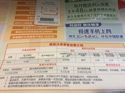 联通沃派校园卡,月租16元,包4g流量 60分钟通话时间 归属地广州 78元