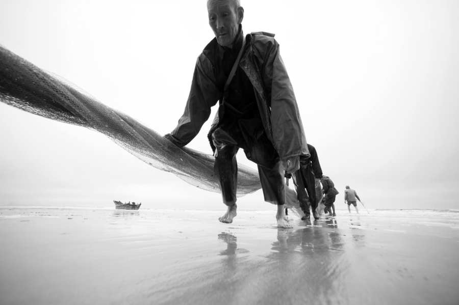 【拉小网的渔民 与海相依为命的宿命摄影图片