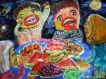 中秋节儿童画:欢乐中秋 唱着歌吃月饼