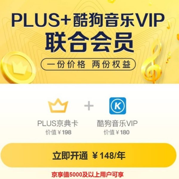 促销活动:京东plus会员 酷狗音乐vip联合会员 148元/年