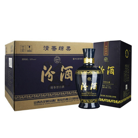 汾酒白酒蓝汾清香型高度白酒53度475ml6瓶整箱装