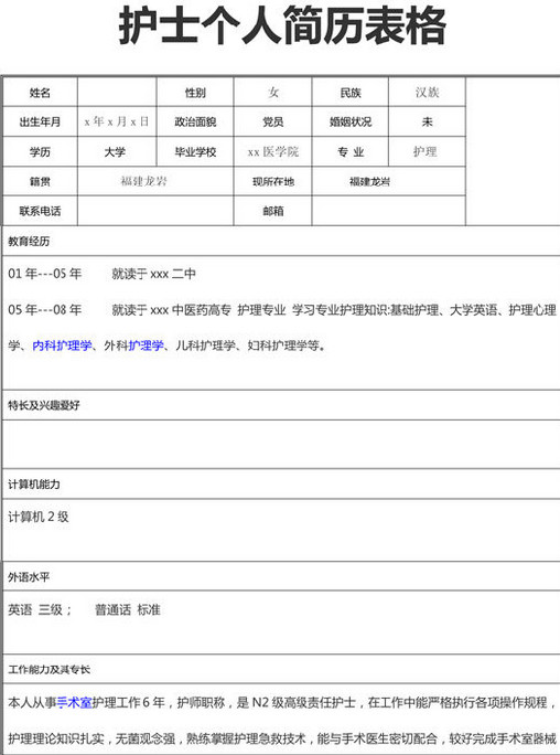 护士个人简历表格模板下载_护士个人简历表格模板官方图片