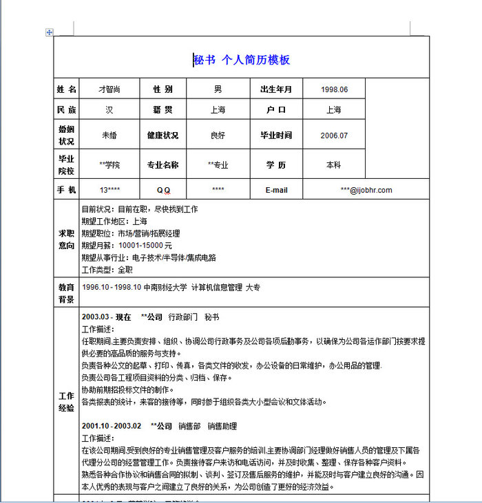 秘书个人简历模版合集