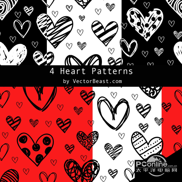 4种可爱涂鸦爱心,心形图案背景ps填充底纹素材 免费版