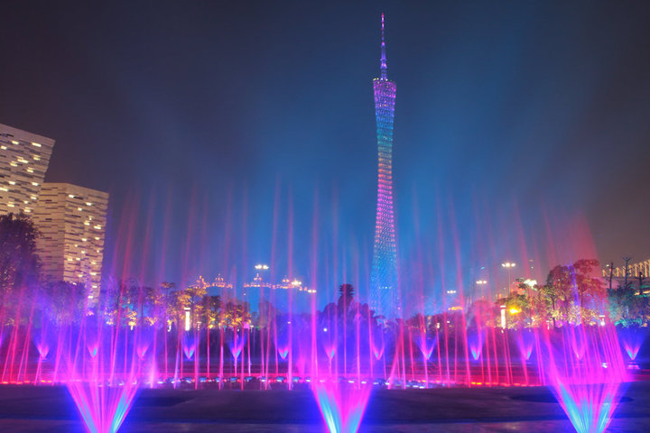 花城广场音乐喷泉夜景(广州亚运期间)