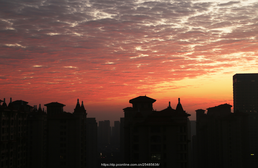 晨曦霞染楼宇情