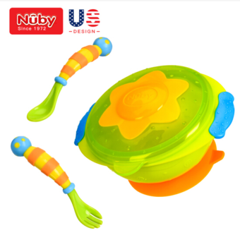 努比（Nuby）宝宝吸盘碗 新生儿辅食碗可微波炉叉勺组套装-绿色