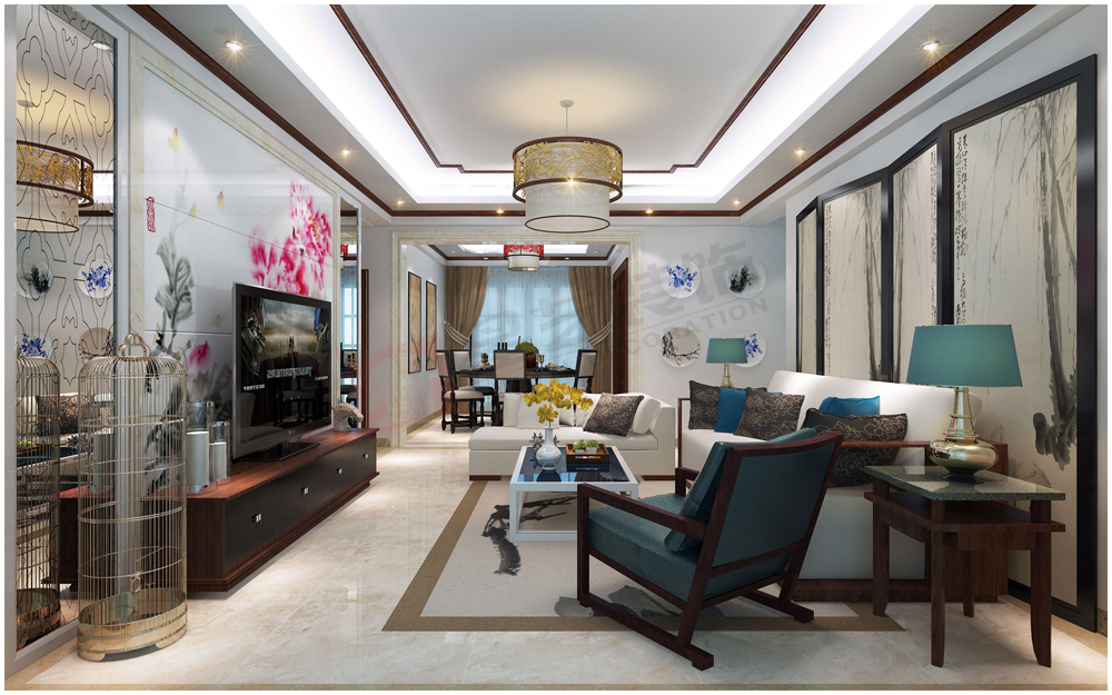 新中式设计三居室客厅装修效果图