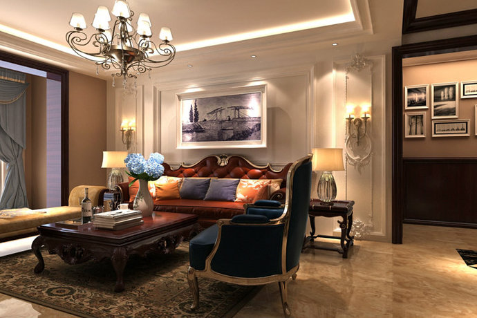 美式风格低调奢华别墅公寓客厅装修效果图