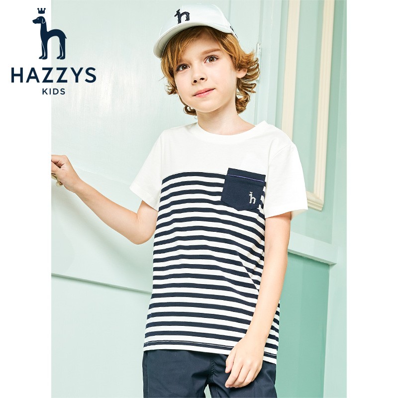 HAZZYS品牌童装哈吉斯男童T恤夏季新品中大童条纹圆领衫 本白 110cm