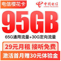 CHINA TELECOM 中国电信 樱花卡29月租 65G通用、30G定向 长期套餐
