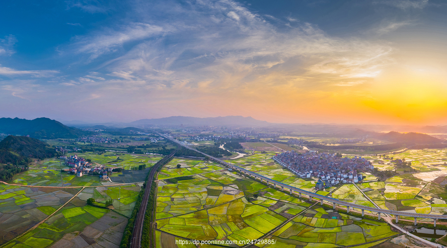 江西峡江:夕阳下的高铁沿线美丽乡村风景美如画